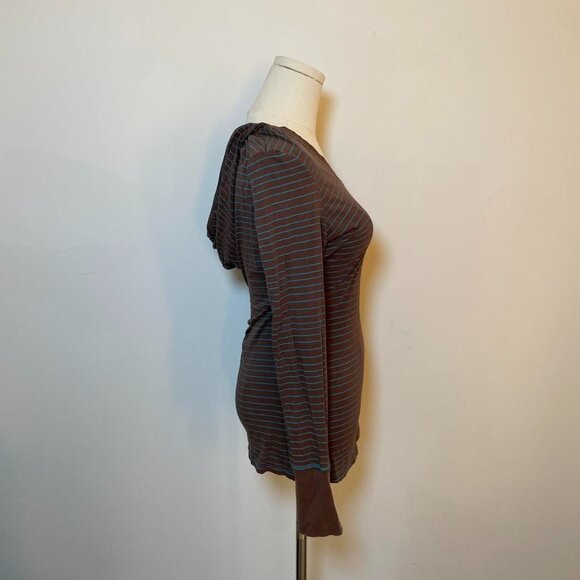 Vintage Y2K Roxy Striped Long Sleeve Hoodie Shirt | Brown & Teal | Womens Size M - Picture 4 of 8